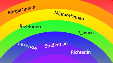 Verschiedene Genderschreibweisen auf regenbogenfarbenen Hintergrund