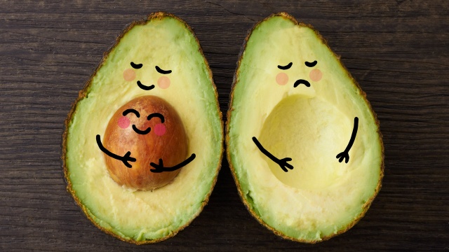 Illustration von  zwei Avocados mit Kern als Babybauch und ohne Kern