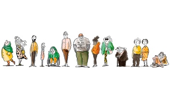 Illustration: Eine Gruppe gezeichneter, sehr unterschiedlicher Menschen steht in einer Reihe vor weißem Hintergrund