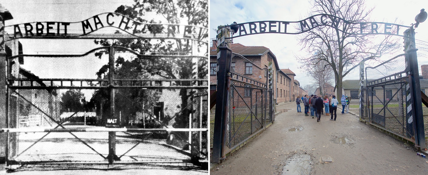 Der Eingang zum KZ Auschwitz mit dem zynischen Satz auf dem Torbogen "Arbeit macht frei".