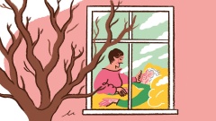 Illustration: Blick durch ein Fenster, wo eine Frau ihre Mutter pflegt, die im Bett liegt