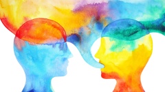 Illustration von zwei Menschen, die sich durch Gedanken und Reden beeinflussen