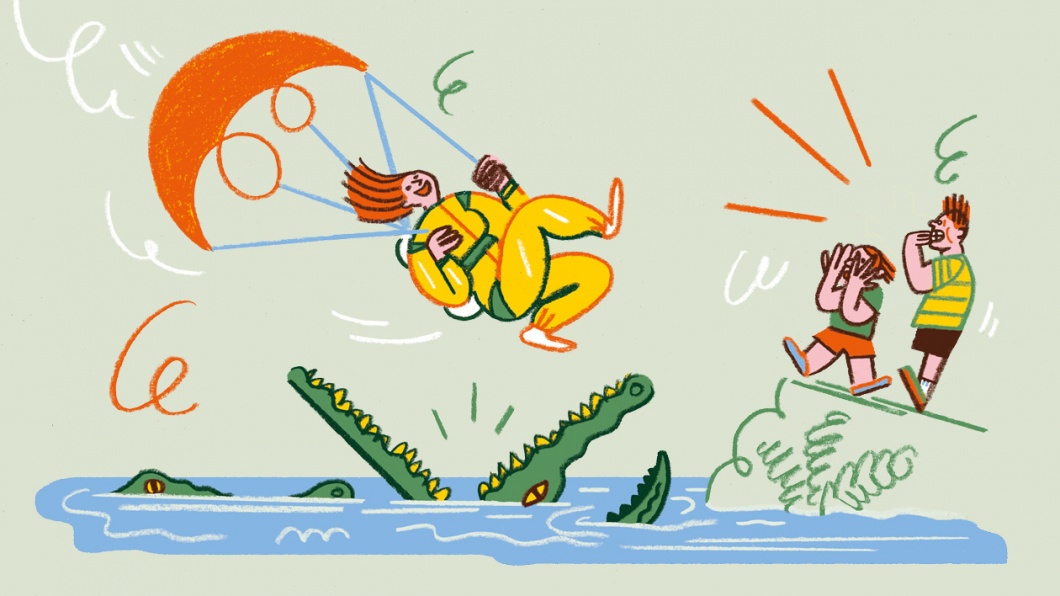 Mutter mit waghalsigem Hobby, die Fallschirm springt über einem See mit Krokodilen ab