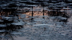 Foto zeigt Eisschollen, die auf Fluss treiben, im Wasser spiegelt sich Tageslicht.