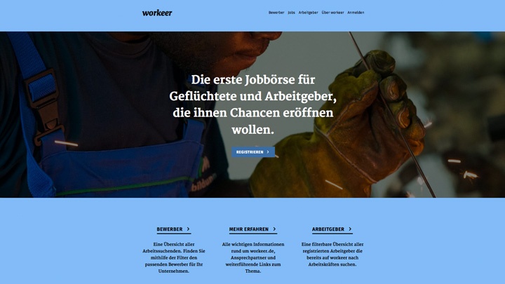 Screenshot der Webseite workeer.de, der ersten Online-Jobbörse für Flüchtlinge in Deutschland.