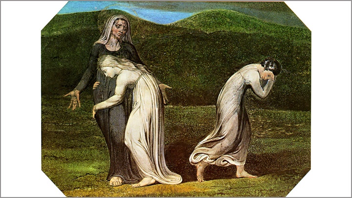 Naomi bedrängt Ruth und Orpa in das Land der Moabiter zurueckzukehren, Gemaelde von William Blake, 1795